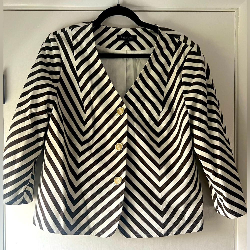 Talbots 100% Cotton Brown White Chevron Stripe Blazer Elevated Quirky Preppy